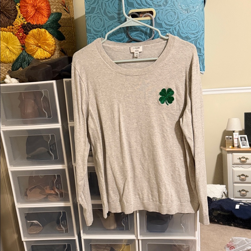 J. Crew Gray Sweater with Green Clover